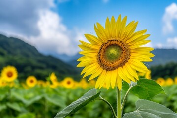 Fototapeta premium A field of sunflowers surrounding a solar farm, blending nature with technology