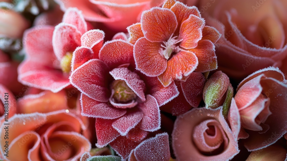 Aufkleber a bouquet of flowers with frost forming on the edges of each petal, creating a blend of vibrant bloo