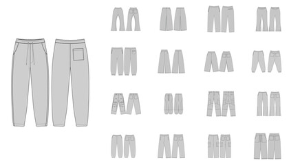 Activewear Fashion Technical Illustration - Trouser Joggers Front and Back Views, Men Women Unisex Trousers CAD Mockups - Set of Pants Joggers Trousers - Technical Flat Drawing of Jeans Pants Cargo 
