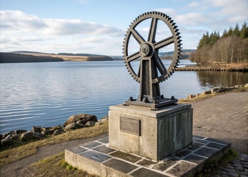 Commemorative Pedestal and Cog at Brechin Reservoir Entrance in Angus, Scotland, Showcasing the Metal Monument Against a Serene Water Landscape