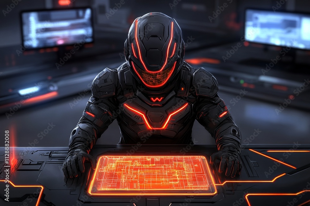 Poster A futuristic depiction of an engineer controlling holographic blueprints, surrounded by floating screens and advanced technology