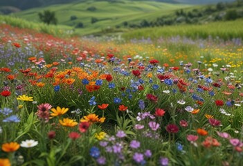 A serene and peaceful scene of multicolored wildflowers swaying in the breeze amidst a lush green field, multicolored, sunlight, landscape