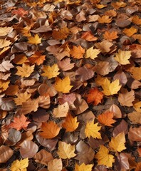 A scattered pile of fallen leaves with brown spots scattered all over the ground, outdoor scene, fall colors