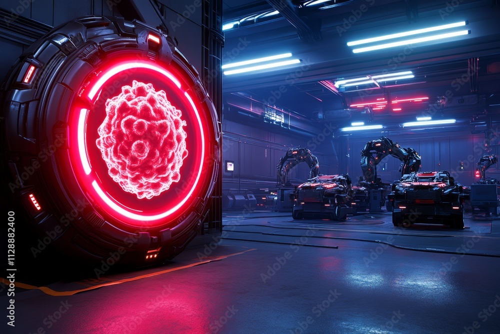 Poster A futuristic lab with glowing holograms showing virus structures, while robotic arms analyze samples in the background