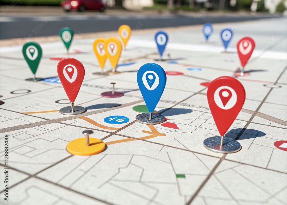 Poster comprehensive collection of gps location pins for mapping and navigation purposes, featuring colorfu