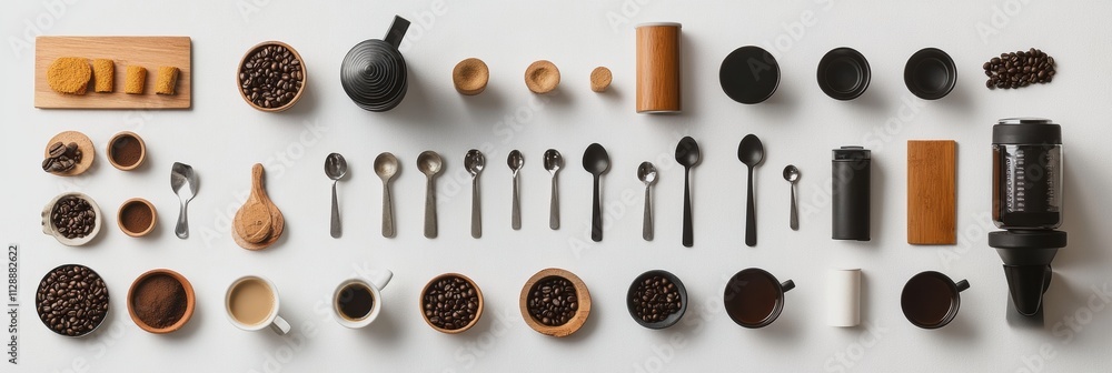Poster a curated flat lay displays coffee beans, various cups, and spoons alongside a coffee maker, invitin