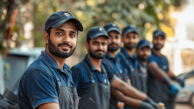 A group of Indian young men focused on professional cleaning services, with ample copyspace for text.

