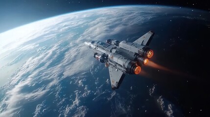 Fototapeta premium Futuristic Rocket Ship Launching Into Space Above Earth Atmosphere