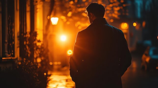 A thief using a glowing decoy device to distract security, warm tones and suspenseful focus