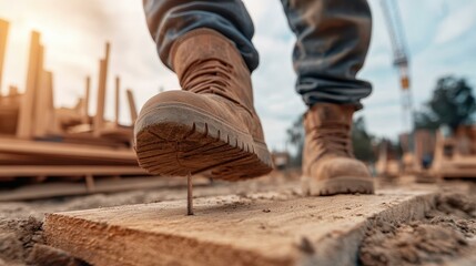 Close-up of a construction worker's boot about to step on a rusty nail protruding from a wooden plank at a construction site