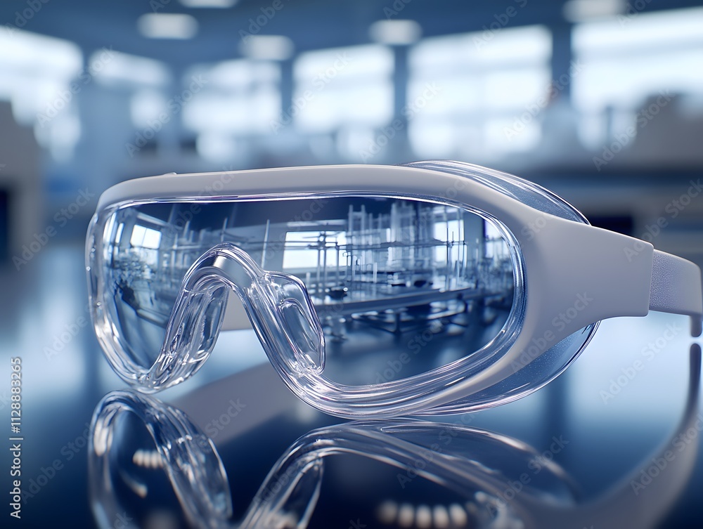 Poster a pair of futuristic safety goggles resting on a reflective surface in a laboratory setting.