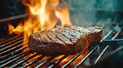 Juicy Steak Grilling Over Open Flames with Intense Heat