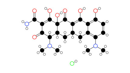 minocycline hydrochloride molecule, structural chemical formula, ball-and-stick model, isolated image antibiotic