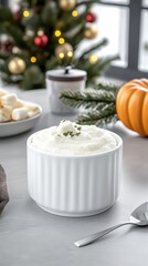 Traditional apple and pumpkin gravy in a ceramic bowl, paired with turnip meg and Woodruff cakes on a dinner table