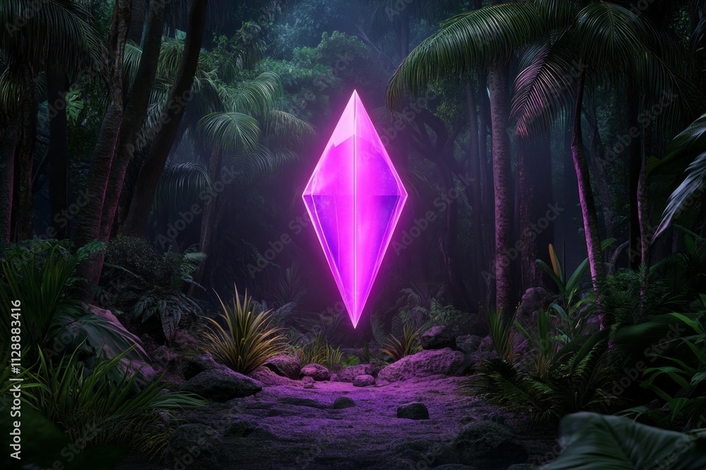 Poster a glowing energy crystal floating in the center of an enchanted forest, illuminating the surrounding
