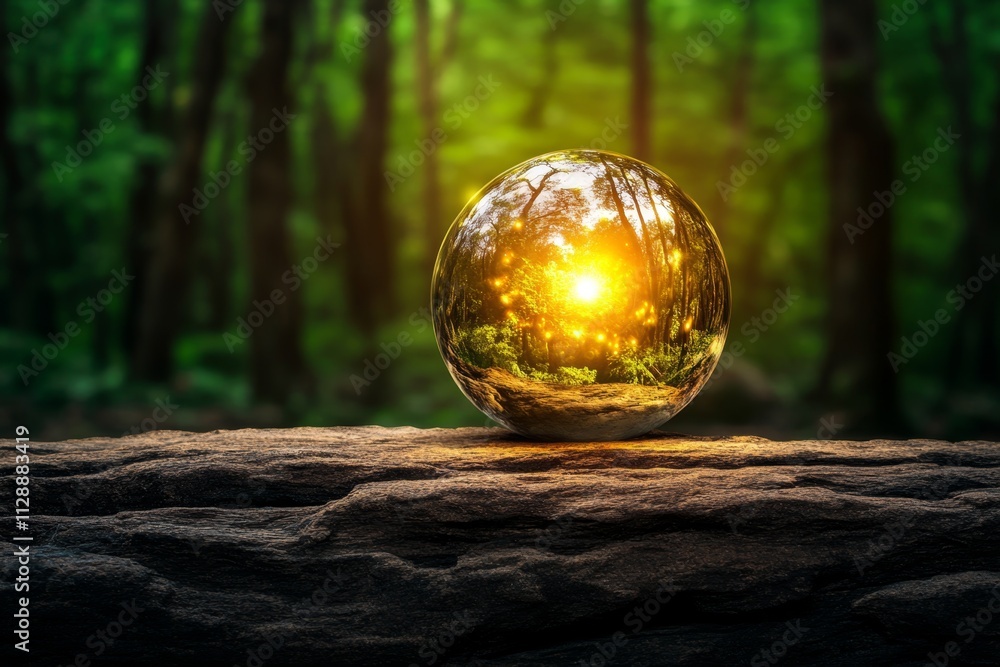 Aufkleber A glowing energy crystal floating in the center of an enchanted forest, illuminating the surrounding trees and magical creatures with an ethereal light
