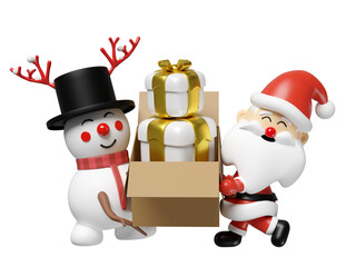 3d santa claus and snowman holding open goods cardboard box with gift box isolated. happiness cards, merry christmas, festive New Year, 3d render illustration