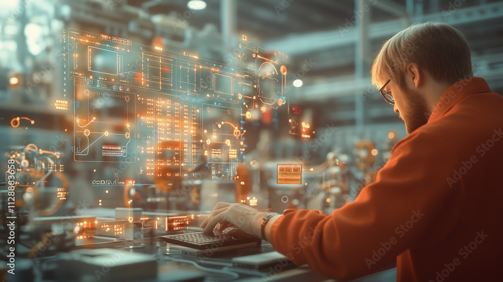 Poster a person operates a futuristic interface in a high-tech lab, surrounded by glowing digital displays 