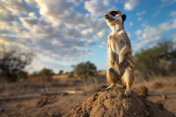 Fototapeta premium A meerkat keeping a lookout on an anthill in the wild.