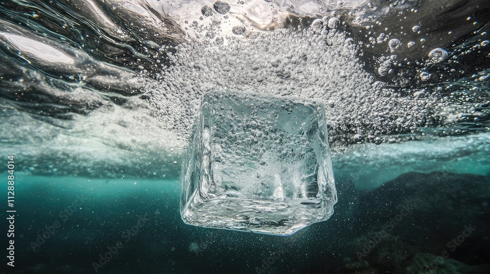 Aufkleber a clear ice cube underwater, surrounded by rising air bubbles and refracted light creating a dynamic