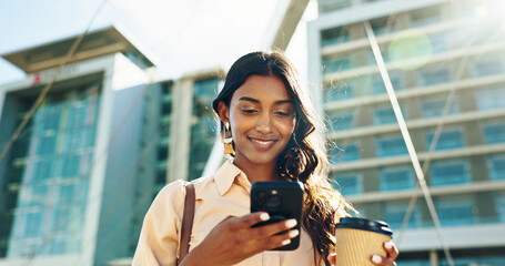 Phone, coffee and low angle with business woman in city for communication, corporate email and...