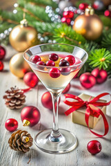 Holiday martini with cranberries and festive decor