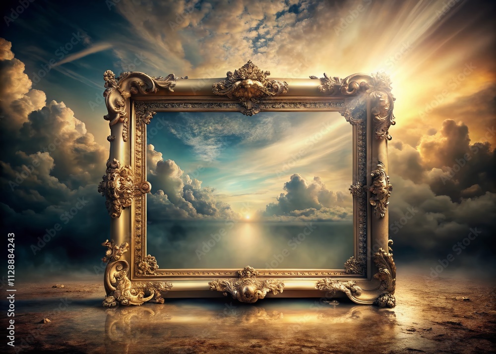 Poster conceptual photography of an enigmatic frame with border, exploring themes of isolation, reflection,