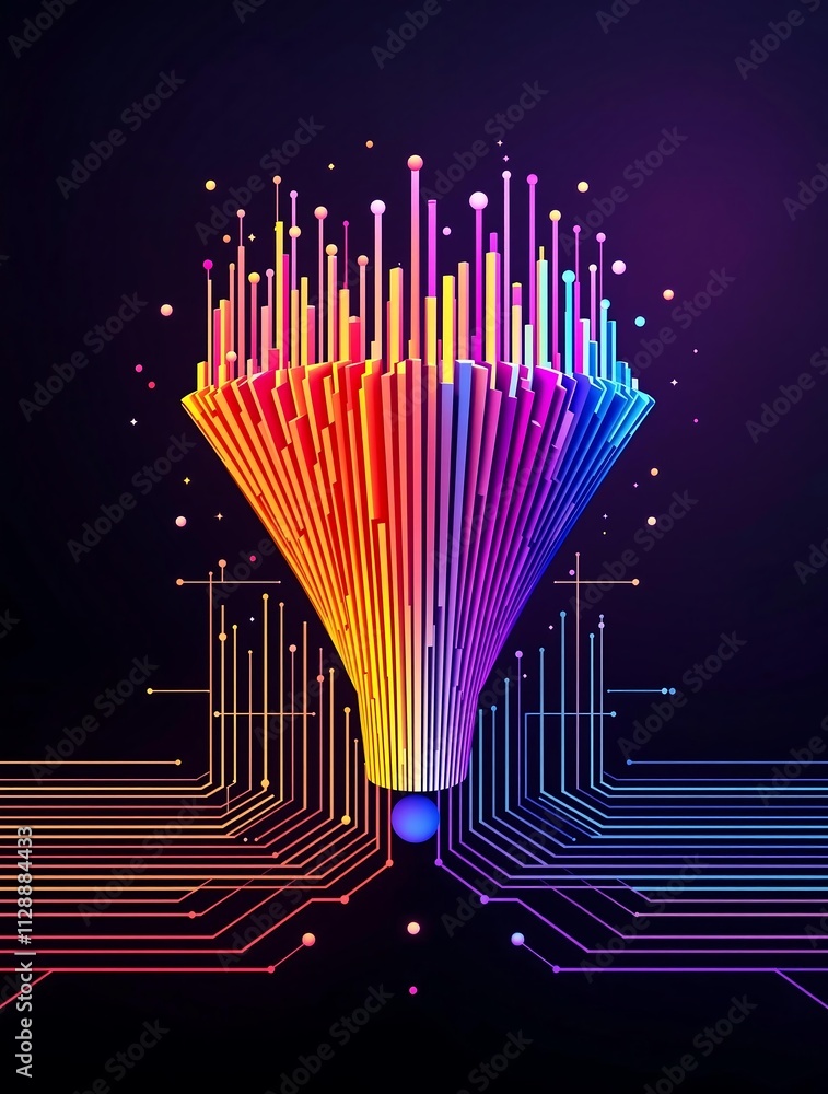Poster big data technology concept with digital funnel for data collection analysis and transformation into
