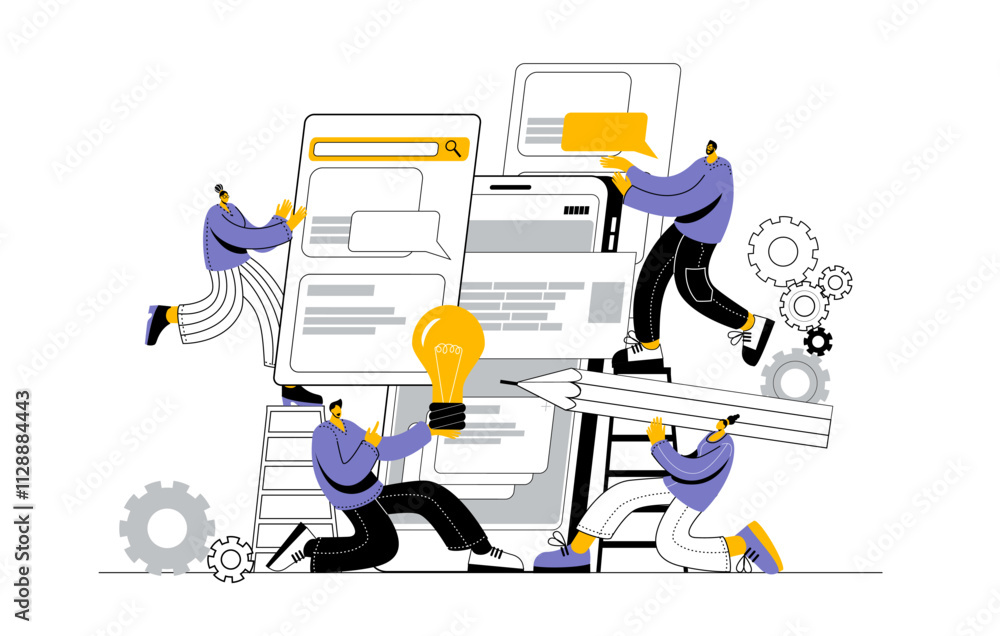 Aufkleber a team of developers, managers and designers creates a mobile app. the concept of a vector illustrat