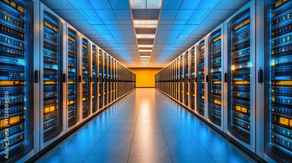 Poster a brightly lit data center with rows of servers and glowing lights, showcasing advanced technology i