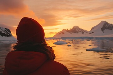 A nostalgic cinematic shot of a fisherman standing by icy waters, Antarctica’s snowy cliffs in...