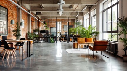 Fototapeta premium Modern Office Interior with Green Plants and Cozy Seating Areas