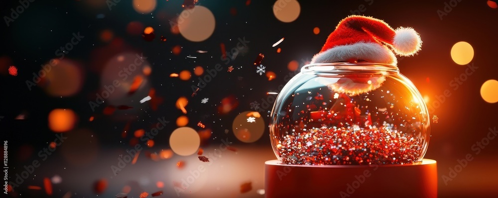 Poster a festive snow globe adorned with a santa hat, surrounded by shimmering particles, creating a warm, 