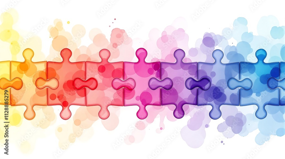 Poster interlocking puzzle pieces with watercolor texture symbolizing connection and diversity in abstract 