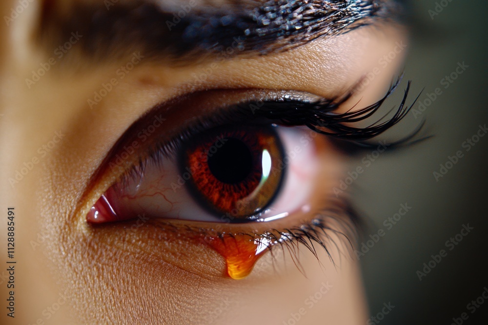 Poster A hyper-realistic close-up of a person face, showing the intricate details of a tear rolling down their cheek and raw emotion in their eyes