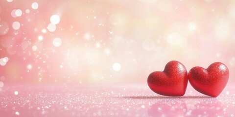 valentines day background with Two small red hearts resting on a sparkling pink surface with soft bokeh lights blur background copy space for text