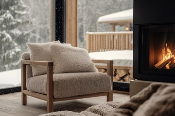 Fototapeta premium A modern neutral-toned armchair, plush cushions, contemporary chalet interior with a minimalist glowing fireplace, snow falling outside the window 1