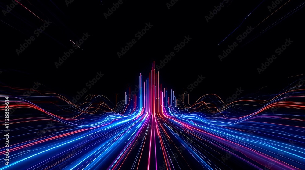 Poster optical data concept with abstract glowing lines on dark background, representing high-speed data tr