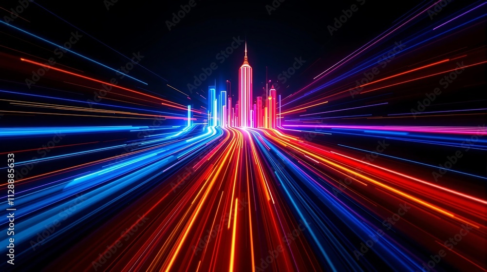 Poster optical data concept with abstract glowing lines on dark background, representing high-speed data tr