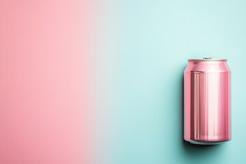Fototapeta premium Pink soda can on teal background, minimal design, soft shadow.