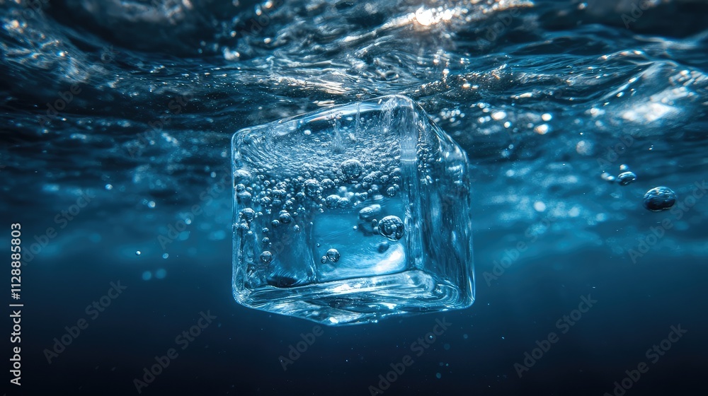 Poster a clear ice cube underwater, surrounded by rising air bubbles and refracted light creating a dynamic