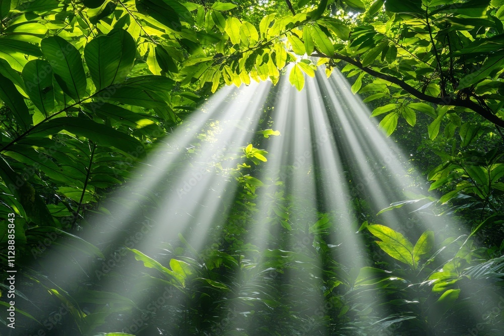 Poster a lush forest with sunlight filtering through the dense canopy, creating a serene and vibrant scene