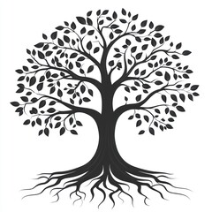 Obraz premium Black and white illustration of a large tree with extensive roots.