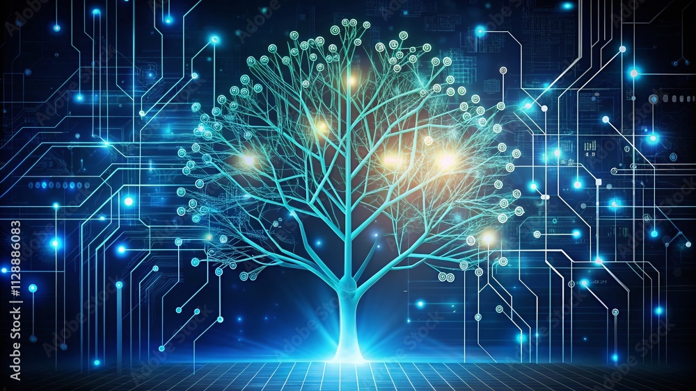 Poster conceptual phylogenetic tree with bioengineering elements for ui and ux design, representing evoluti