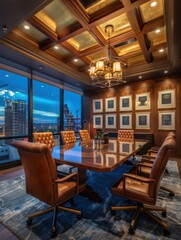 Elegant Conference Room with Wooden Details and Cityscape View