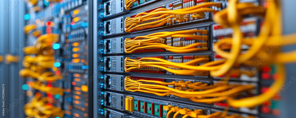 Poster a row of network servers with glowing lights and neatly organized yellow cables in a data center, il
