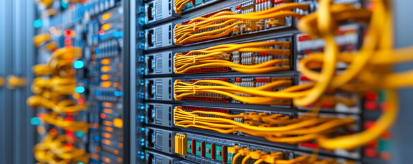 A row of network servers with glowing lights and neatly organized yellow cables in a data center, illustrating advanced technology and connectivity.