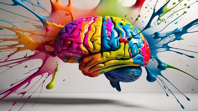 Colorful Artistic Brain with Splashes of Vibrant Paint Exploding in Creative Abstract Design

