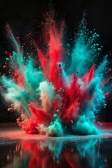 Red and teal powder burst explosion