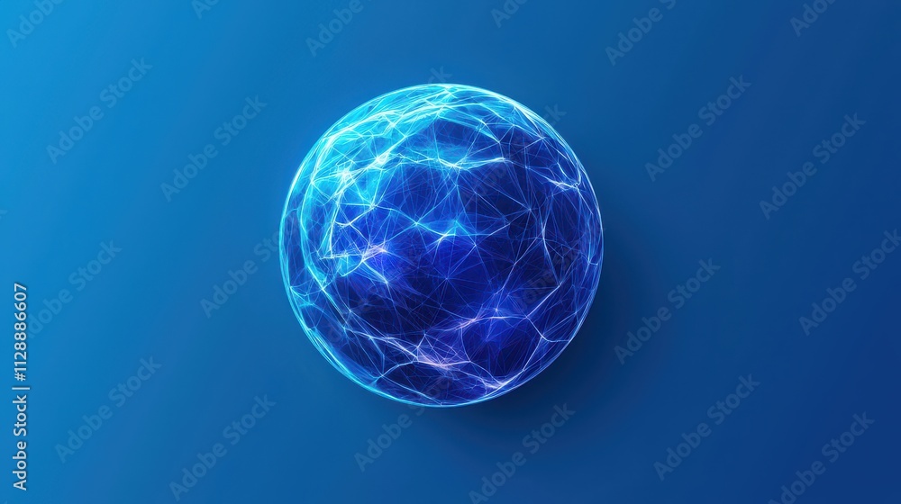 Poster a glowing blue sphere with interconnected lines, representing concepts like technology, networking, 